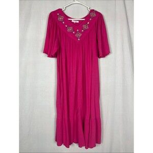 Go Softly Patio Hot Pink Embroidered Loose Midi Dress
